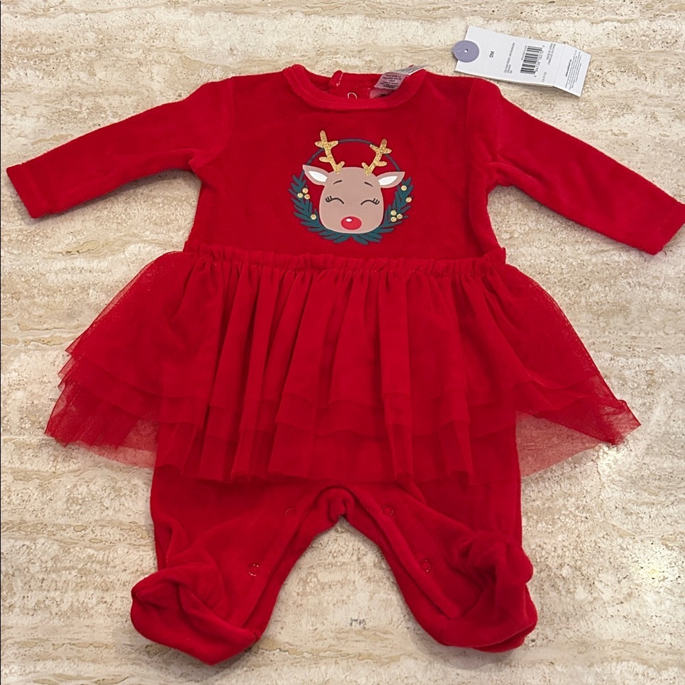 NEW 🆕 Red Reindeer Christmas Baby Outfit with Tulle Skirt newborn